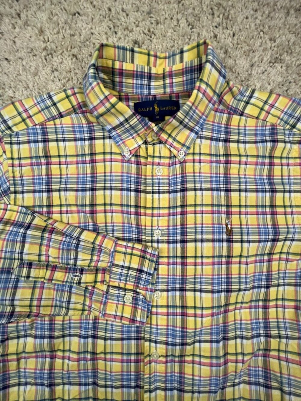 Ralph Lauren Long Sleeve Button Up Shirt Boys Youth XL 18 Yellow Plaid Colorful